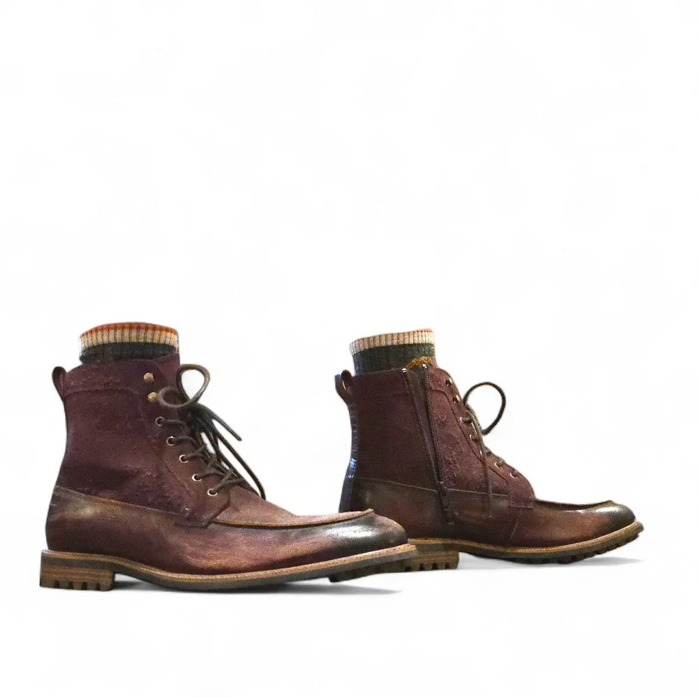 La Milano Jace II Leather Boots Men 12 Burgundy Distressed Side Zip Lug Sole EUC